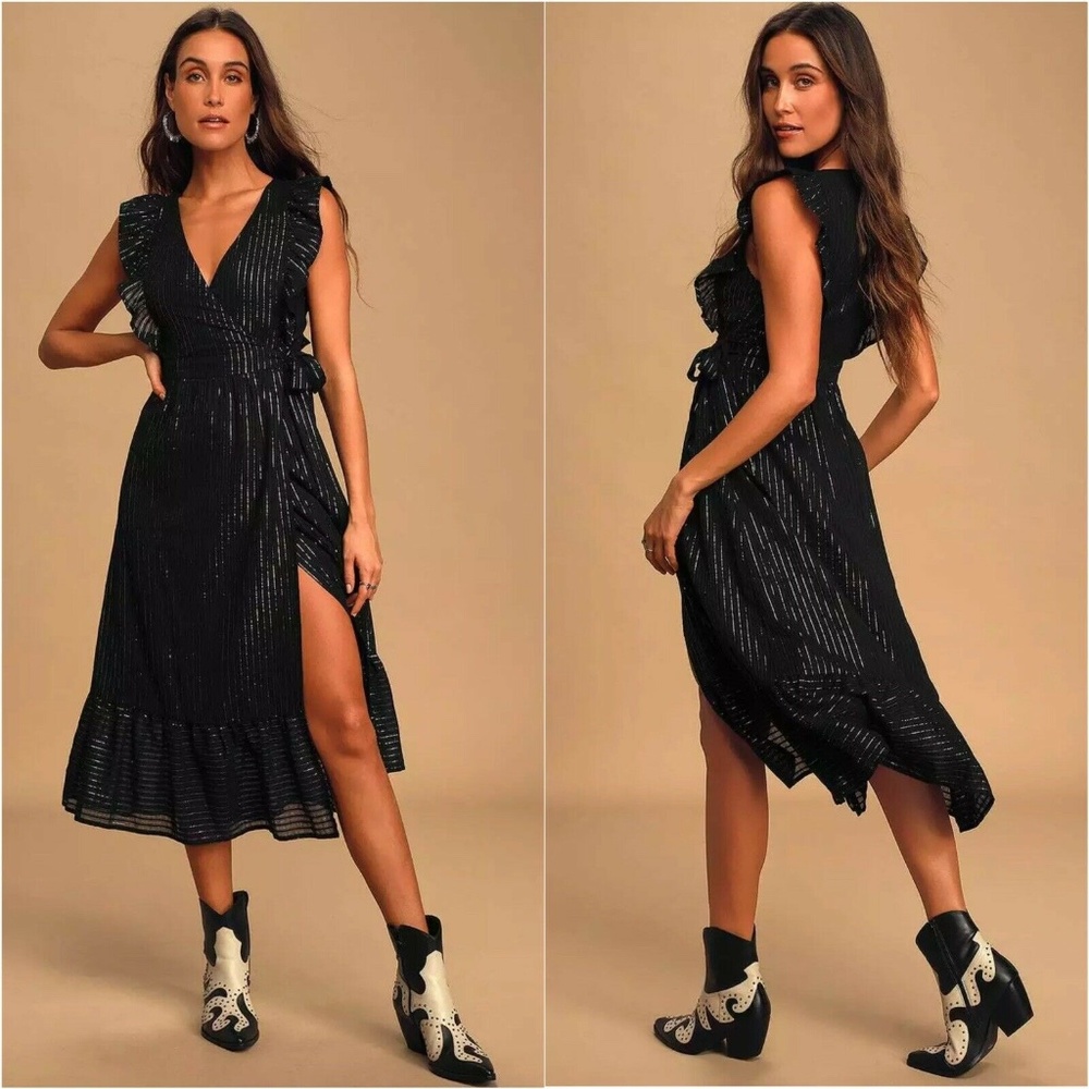 Lulus Something To See Black Wrap Midi Dress